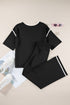 Contrast Trim Textured Knit Half Sleeve Drop Shoulder Drawstring Waist Wide Leg Two Piece Pant Set